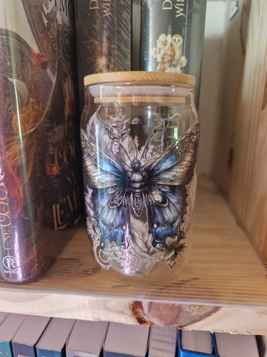 Verre illustré avec paille en verre – Papillon des Ombres